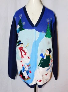 NWT THE QUACKER FACTORY Ugly Christmas Cardigan Sweater Snowmen Sz Large - Picture 1 of 10