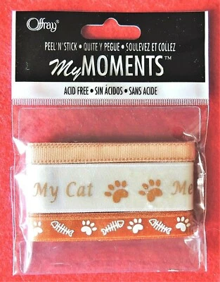 3pc Me and My Cat Ribbon Orange & Ivory Paw Prints Fish Skeletons 1yd/Roll NIP - Image 1 of 2