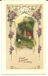 Los mejores deseos de cumpleaños violetas trébol escena pastoral postal vintage sin publicar - Imagen 1 de 2