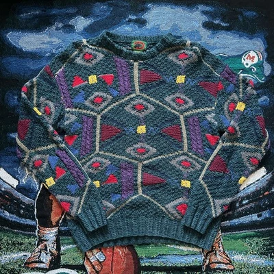 Vintage Boston Traders Sweater Mens M Chunky Knit Geometric Shape Patchwork  - Image 1 of 4