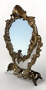 Vanity Swival Mirror ~ Brass Table Top Rococo Cherub ~Vintage (12”x8.5”x2”) - Picture 1 of 24