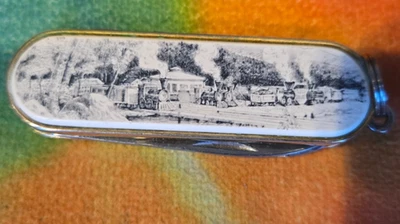 Vintage BARLOW Pocket Knife 3 Blade Faux Scrimshaw Trains - Image 1 of 4