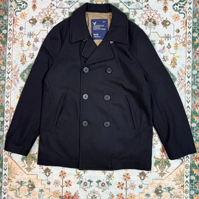 American Eagle Outfitters 男式豌豆外套夹克黑色中号双排扣 — 第 1/4 张图片