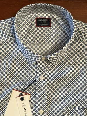 Новый с Ярлыками UNTUCKit мужской XL расслабленный крой производительности синий белый печать короткое платье рубашка - Изображение 1 из 4