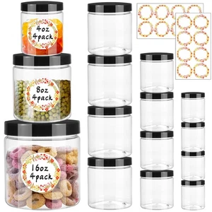 12pcs Plastic Jars with Lids 16 oz & 8 oz & 4 oz, Leakproof Storage Containers - Picture 1 of 7
