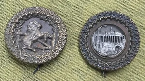 Pair of Rare ANTIQUE BUTTONS Horse; Castle w/ Fancy Border Vintage Brass 1-1/2" - Picture 1 of 2