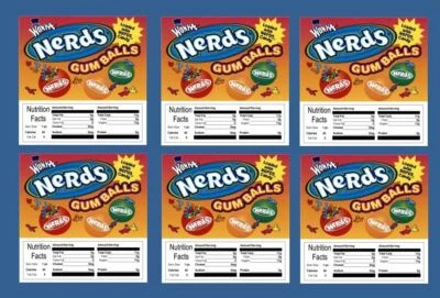 6 PRODUCT VENDING MACHINE CANDY STICKERS LABELS  with NUTRITION NERD GUMBALL - Image 1 of 2