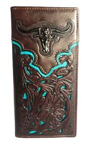 Men's leather wallet western wallets for men Longhorn tooled bi-fold long wallet