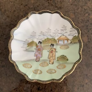 Vintage Asian Plate miniature saucer Japan geisha landscape scene green - Picture 1 of 5