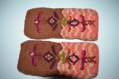 Guantes sin dedos de lana marrón naranja nudo francés calentador de manos hecho a mano Nepal nuevos con etiquetas Foto 1 de 4