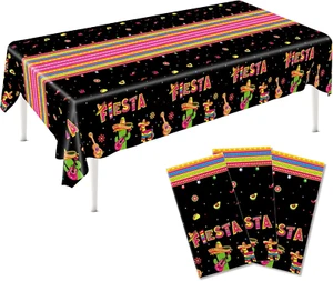 3Pcs Fiesta Party Tablecloth Mexican Table Cover Black Plastic Cinco De Mayo Tac - Picture 1 of 6
