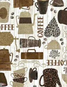 Kaffee Stoff, BTY, weiße Holz Kaffee Motive, C7985, Baumwolle, TheFabricEdge - Bild 1 von 1