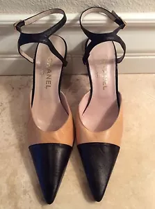CHANEL Vtg Classic Tan Black Leather Capped Toe Ankle Straps Pump Heel France!! - Picture 1 of 12