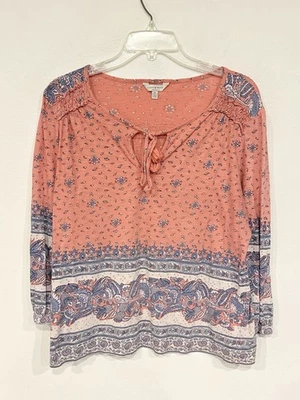 Lucky Brand 女式农民上衣中号粉色蓝色花卉瓷砖领带锁眼领 — 第 1/4 张图片