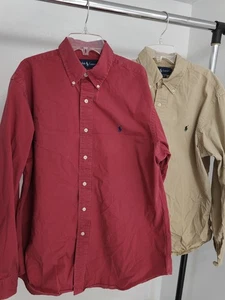 Lot of 2 POLO RALPH LAUREN LONG SLEEVE BUTTON DOWN SHIRTS (L) RED & BEIGE - Picture 1 of 6