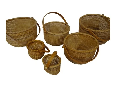 Лот из 6 винтажных корзин Nantucket Lightship от 4 до 10 1/2 дюйма с деревянной ручкой плетение из ротанга - Изображение 1 из 4