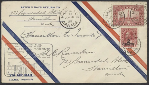 1929 #140 2c On 3c Admiral Provisional On Toronto to Hamilton Flight, AAMC #2945 Cover