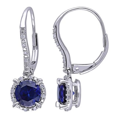 Pendientes colgantes/gotas de zafiro creados en laboratorio de corte redondo de 2,50 quilates enchapados en oro blanco de 14 k Foto 1 de 4