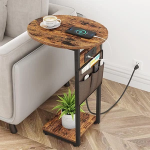 C Shaped End Table with Charging Station, Small Side Table for Couch, TV Tray Sl - Picture 1 of 12