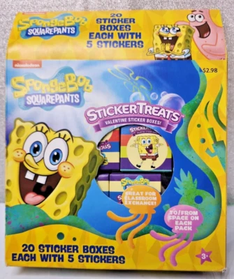 Sponge Bob Square Pants Valentines Day Sticker Boxes 20 w/ 5 stickers each (T20) - Image 1 of 2