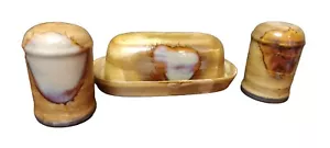 Vtg Sango Stoneware Splash 4951 Brown Drip Butter Dish w Salt and Pepper Shakers - Picture 1 of 3