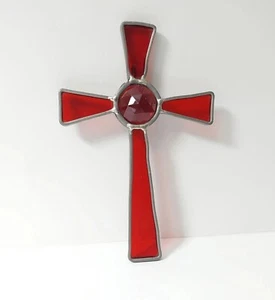Vintage Bevel Stained Glass Cross Red 6" x 4" - Picture 1 of 10