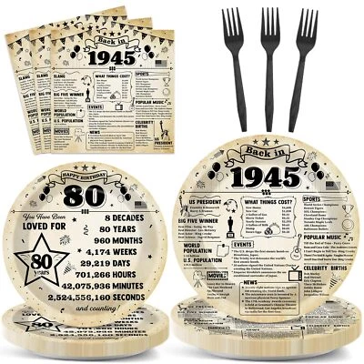 96 piezas de platos y servilletas de cumpleaños de 1945 decoraciones de fiesta número 80 negro G... Foto 1 de 4