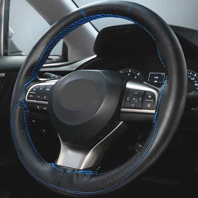 BLUE 38cm 15” Car Steering Wheel Glove Cover DIY Hand Sewing Leather Covers Wrap - Image 1 of 4