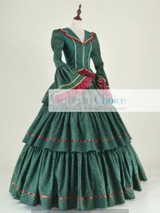 Verde Victoriano Guerra Civil Brocado Vestido Volantes Falda Vestido Teatro Histórico 188 - Imagen 1 de 5