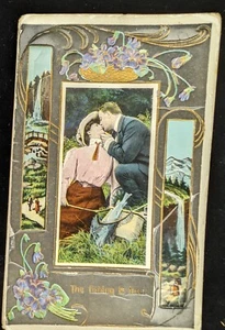 Antique Postcard "The Fishing Is Fine" Kiss Fish Waterfall Flowers 1911 Posted - Picture 1 of 5