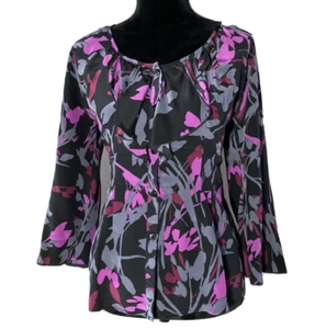 Laila & Savannah Silk Top LARGE Black Gray Fuchsia Button Ruffle Long Sl Blouse - Picture 1 of 5