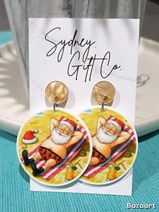 Gold Swirl Funny Beach Aussie Christmas Santa Acrylic Dangle Statement Earrings - Picture 1 of 1
