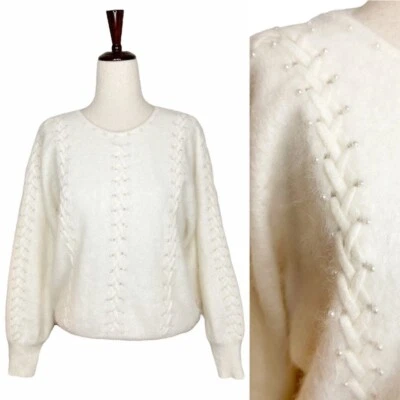 Suéter Vintage Años 90 Adornado con Perlas Trenzado Angora Marfil Foto 1 de 4