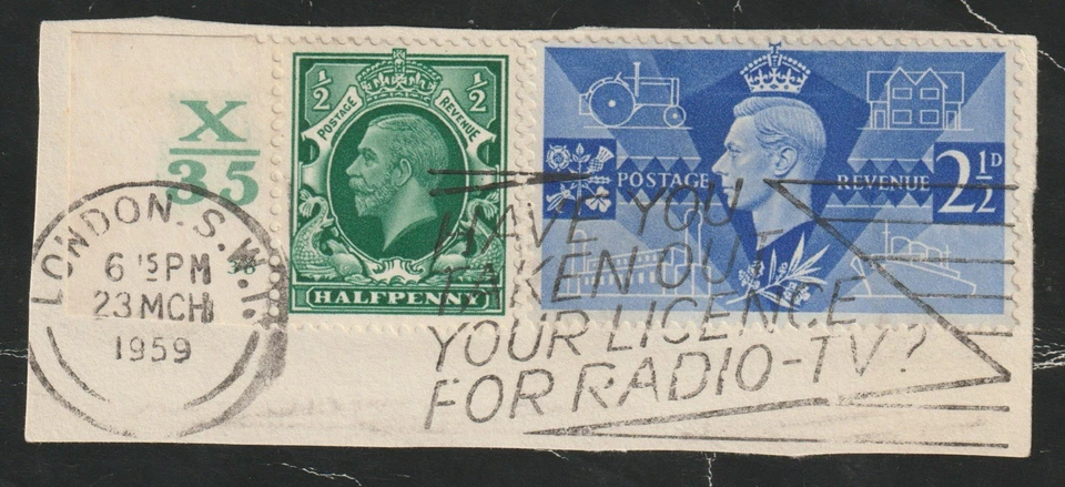 Late Use: 1935 1/2d green (& 2 1/2d 1946 Peace):used in 1959 on slogan piece - Image 1 of 1