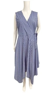 Mlle Gabrielle Dress Women XL Blue White Striped Sleeveless Surplice Midi - Picture 1 of 9