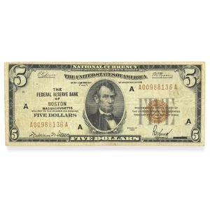 $5 Dollar United States Boston MA National Currency 1929 FR. 1850-A - Picture 1 of 2