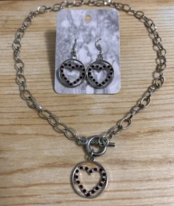 18k White Gold Plated Heart 4 Carat Created Red CZ Full Set Necklace, Earrings - Picture 1 of 1