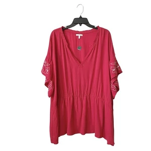 Maurices Embroidered Top Women’s Size 4X Watermelon Red Floral Trim Peplum VNeck - Picture 1 of 8