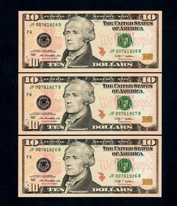 3 Consecutive $10 2017 Federal Reserve Note New Uncirculated (B214) - Picture 1 of 2