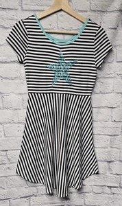 NWT SO GIRLS M 12 BLACK WHITE STRIPE AQUA STAR SEQUIN CIRCLE HEM SHIRT S/S DRESS - Picture 1 of 12