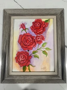 Rodolfo 2015 Original Aquarell rote Rosen Blumenstillleben gerahmte Kunst - Bild 1 von 4