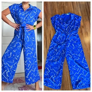 ⚡️Pagliaccetto tuta vintage anni 90 DKNY blu elettrico geometrico op art gamba larga alto L XL - Foto 1 di 8