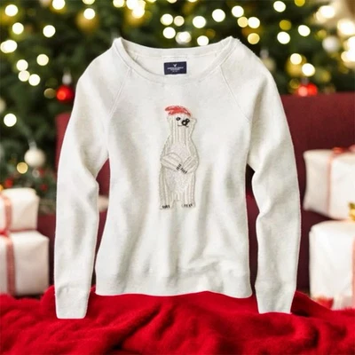 AMERICAN EAGLE Sweatshirt M Juniors Christmas Polar Bear Beaded Sequined Top - Image 1 of 4