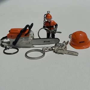 STIHL Original Logo Key Ring Chainsaw Battery+ Metal Chainsaw + Helmet + Woodman - Picture 1 of 5