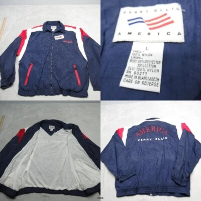 Vintage Perry Ellis America Jacket Mens Large Blue Red Full Zip Windbreaker NEW - Image 1 of 4