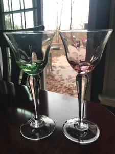 PAIR OF TALL WINE GLASSES GOBLETS OPTIC PANEL PINK AND GREEN 9-½" HIGH - Picture 1 of 11