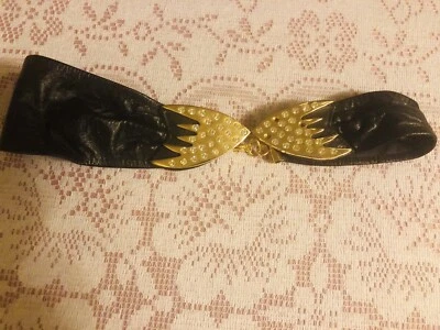 "Cinturón de mujer de colección negro dorado hebilla estrás vinilo ancho cintura 30""" Foto 1 de 4