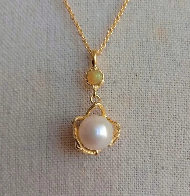 COLLIER ARGENTO STERLING DORATO CON PERLA BIANCA E OPALE NATURALE - Immagine 1 di 4