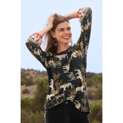 Camiseta Johnny Was Teeger Tejida Manga Abullonada Camiseta Larga Animal Cebra Negra NUEVA Foto 1 de 4