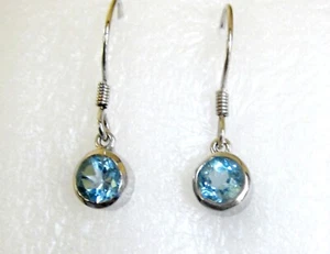 Swiss Blue Topaz Dangle Earrings / 925 Sterling Silver / 1 inch long / 2 cts - Picture 1 of 4
